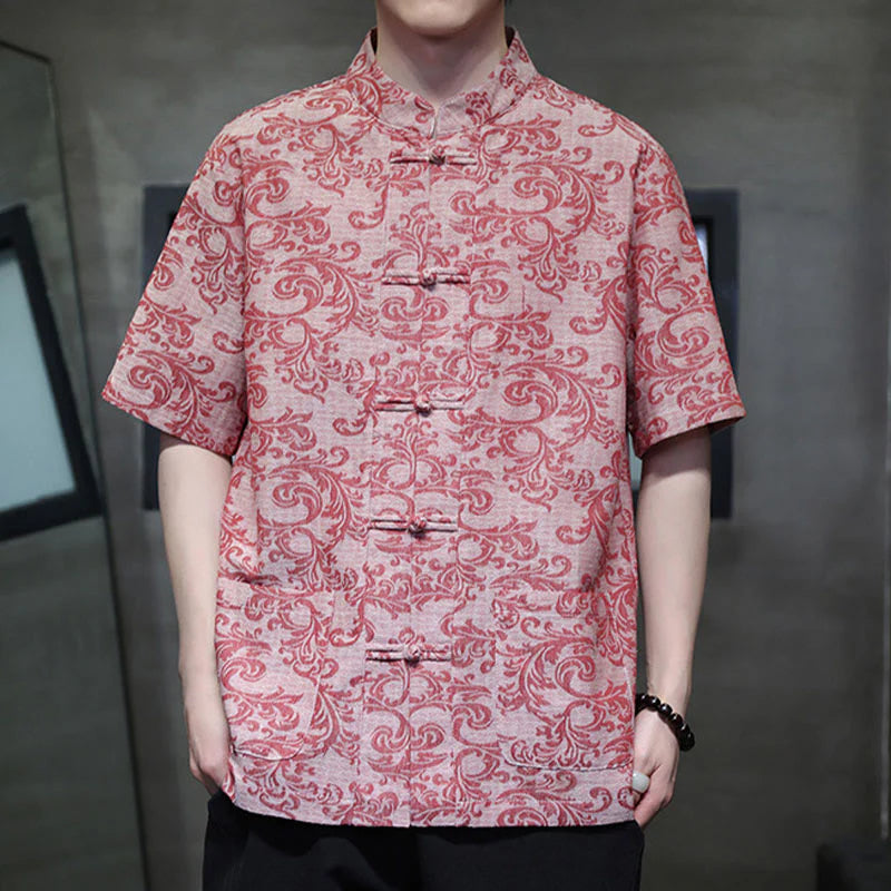 Buddha Stones Summer Floral Vine Pattern Tang Suit Men's Frog-Button Short Sleeve Shirt With Pockets