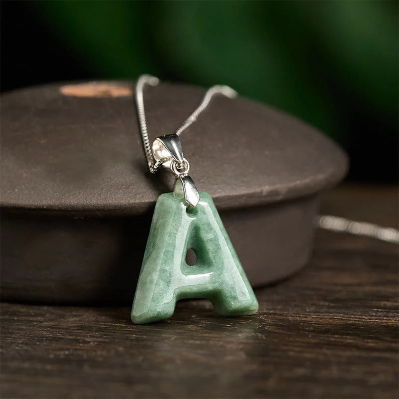 Buddha Stones Natural A-Z Letter Jade 925 Sterling Silver Silm Chain Prosperity Necklace Pendant