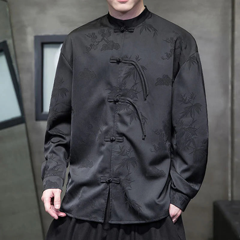 Buddha Stones Plain Frog-Button Design Tang Suit Men's Long Sleeve Jacket