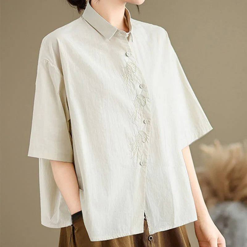 Buddha Stones Casual Women's Embroidered Jellyfish Pattern Stand Collar Buttons Design Half Sleeve Cotton Shirt