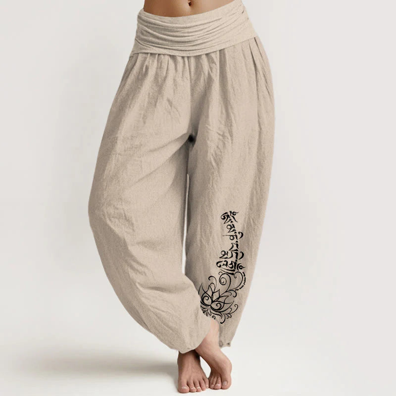 Buddha Stones Pure Cotton Simple Om Mani Padme Hum Lotus Pattern Women's Elastic Waist Harem Pants