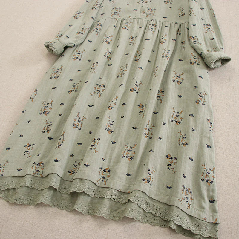 Buddha Stones Spring Small Floral Print Buttons Design Crew Neck Long Sleeve Midi Dress With Pockets