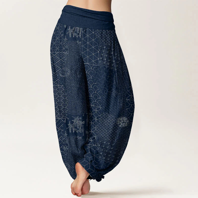 Buddha Stones Geometric Pattern Women's Elastic Waist Harem Pure Cotton Printed Pants