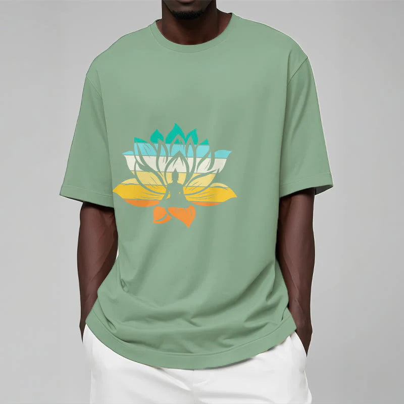 Buddha Stones Gradient-colored Lotus Flower Buddha Meditation Cotton Tee T-shirt