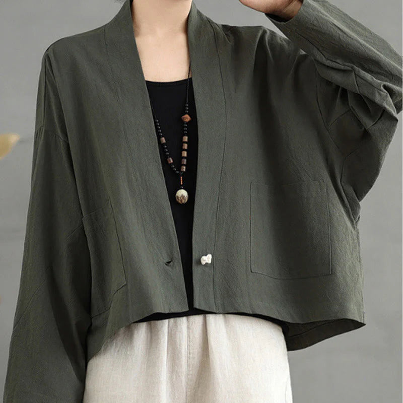 Buddha Stones Casual Vintage Plain Long Sleeve Open Front Cardigan Cotton Linen Jacket With Pockets