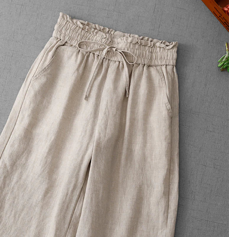 Buddha Stones Casual High Waist Ruffled Drawstring Design Women's Wide Leg Cotton Pants With Pockets