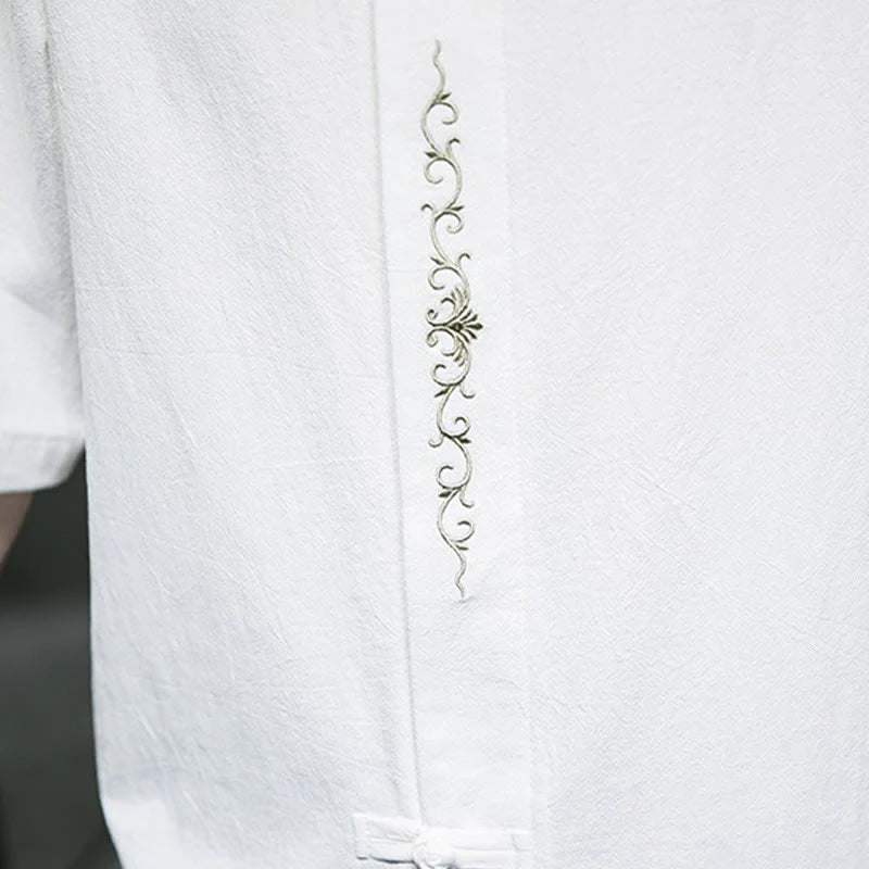 Buddha Stones Casual Solid Color Frog-Button Embroidery Men's Cotton Linen Shirt Cardigan