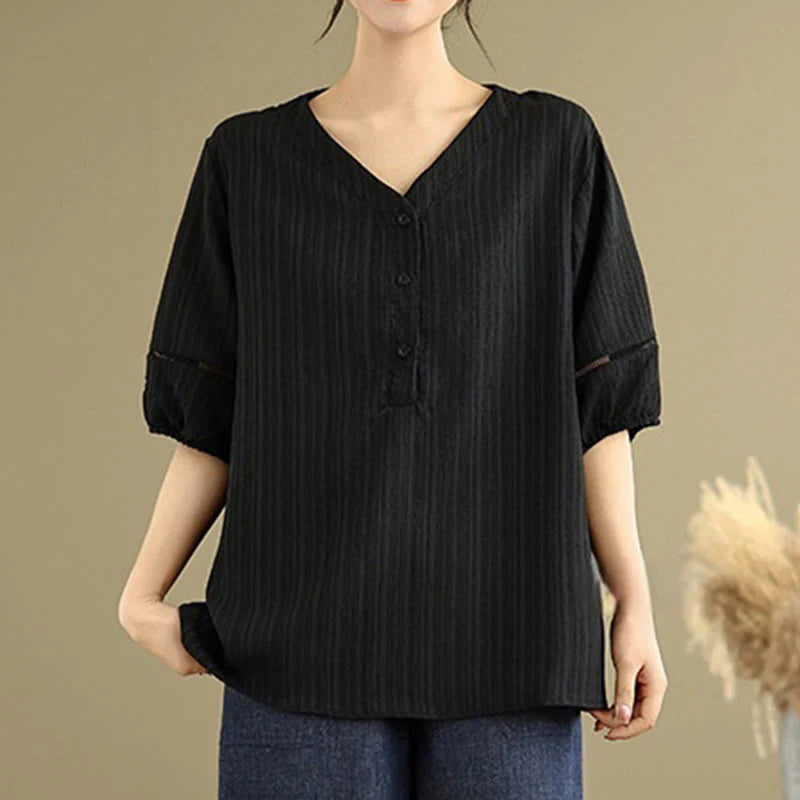 Buddha Stones Casual Plain Button V-Neck Women's Polyester Short Sleeve Shirt