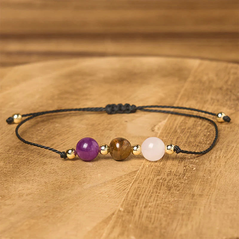 Buddha Stones Amethyst Tiger Eye Rose Quartz Protection Anti-Anxiety Card Rope Bracelet