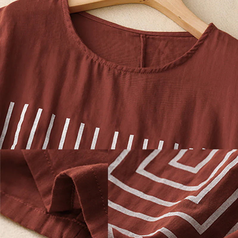 Buddha Stones Casual Line Printing Pattern Short Sleeve Cotton Linen Women's T-Shirt
