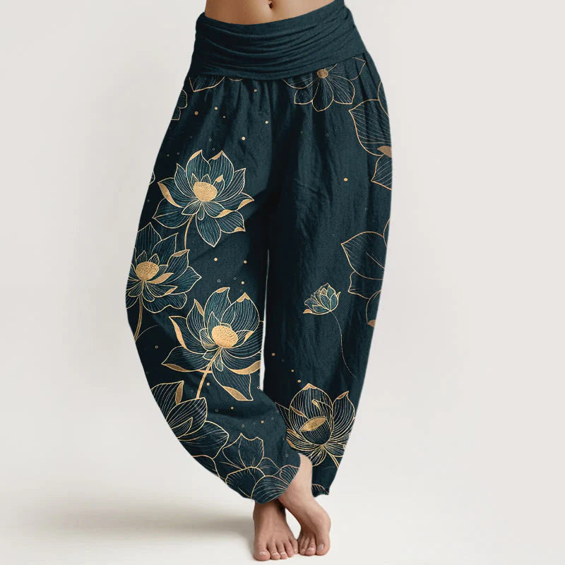 Buddha Stones Pure Cotton Delicate Lotus Pattern Women's Elastic Waist Harem Pants