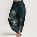 Buddha Stones Pure Cotton Delicate Lotus Pattern Women's Elastic Waist Harem Pants