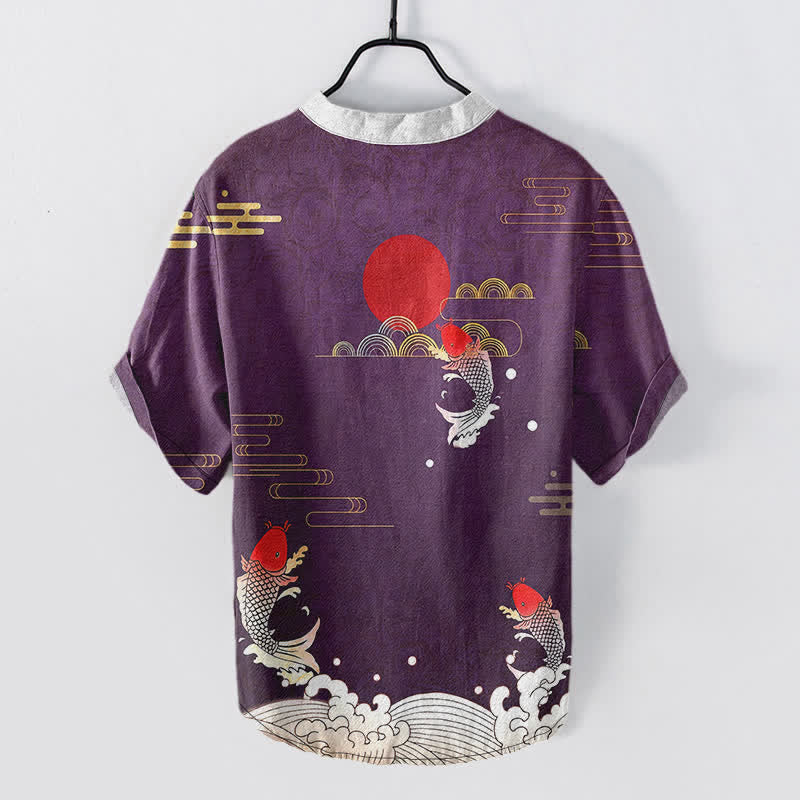 Buddha Stones Cotton Koi Fish Red Sun Cloud Emblem Men's Short Sleeve Half Button Shirt