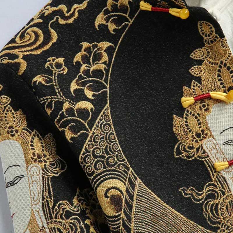Buddha Stones Avalokitesvara Guanyin Frog-Button Long Sleeve Men's Jacket