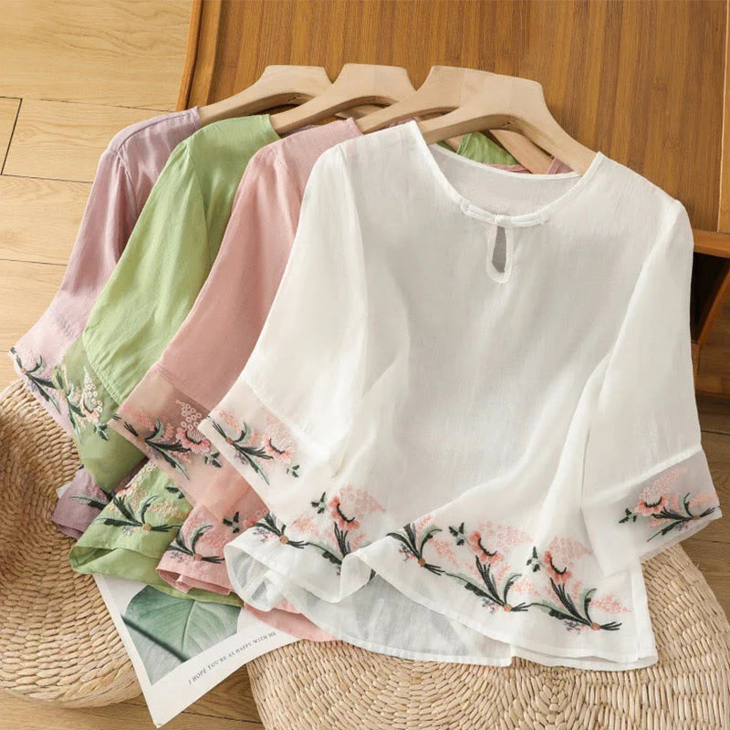 Buddha Stones Casual Floral Embroidery Crew Neck Women's Frog-Button Polyester Half Sleeve Shirt