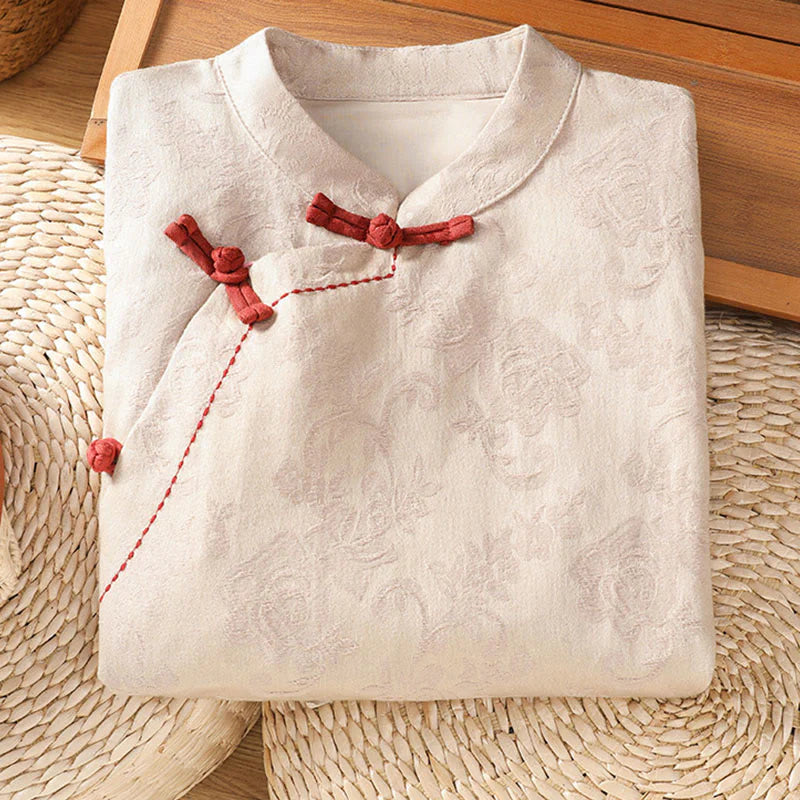 Buddha Stones Fall Jacquard Floral Print Frog-Button Stand Collar Long Sleeve Women's Cotton Shirt