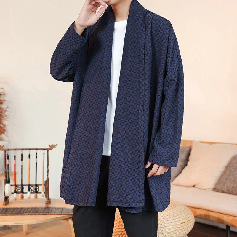 Buddha Stones Winter Jacquard Simple Design Men's Cotton Long Sleeve Kimono