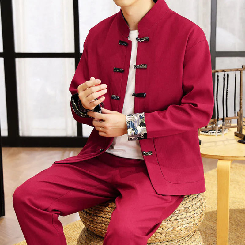 Buddha Stones 2Pcs Tang Suit Frog-Button Men's Waves Long Sleeve Shirt Pants Clothing Set