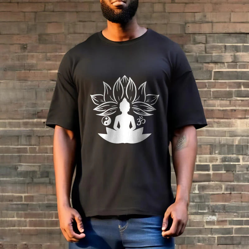 Buddha Stones Om Yin Yang Buddha Statue Sitting Lotus Meditation Tee T-shirt