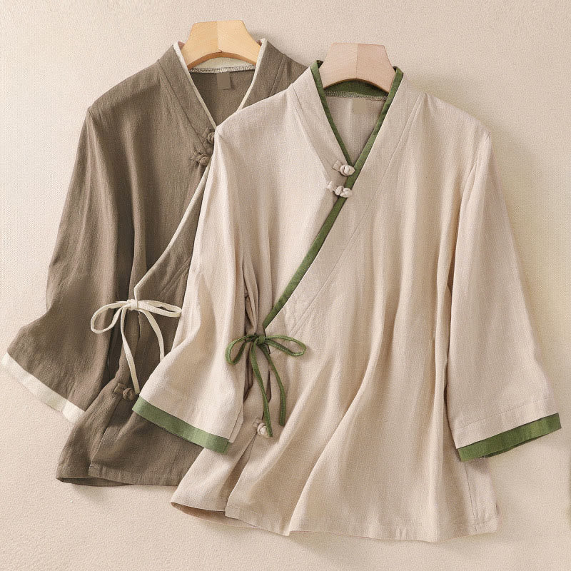 Buddha Stones Retro Lace-up Frog-Button Design Women's Three Quarter Sleeve Cotton Linen Shirt