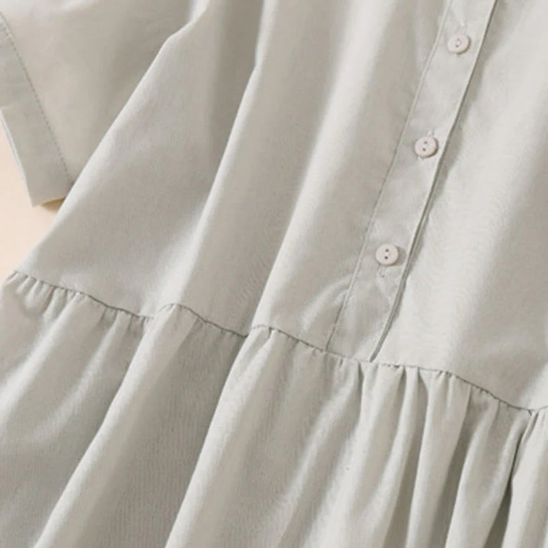 Buddha Stones Summer Buttons Design Short Sleeve Cotton Linen Midi Dress With Pockets