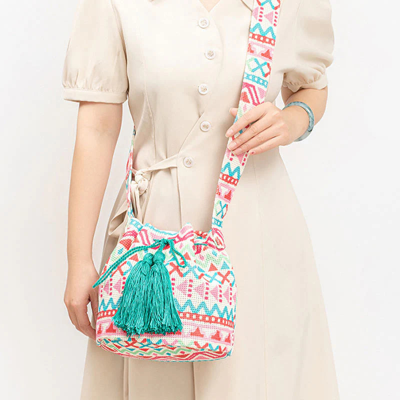 Buddha Stones Colorful Geometry Flowers Print Canvas Bucket Crossbody Bag Shoulder Bag