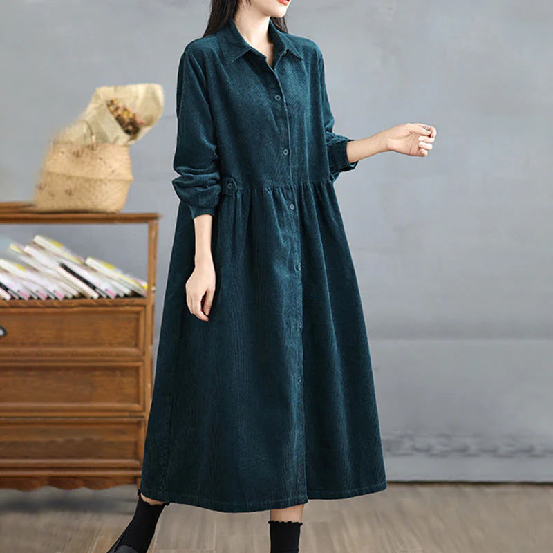 Buddha Stones Plain Buttons Long Sleeve Women's Cotton Corduroy Coat With Pockets