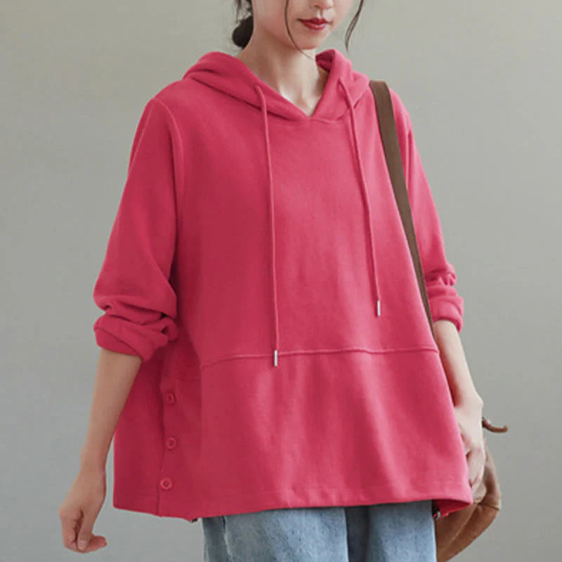 Buddha Stones Fall Solid Color Side Buttons Cotton Long Sleeve Women's Hoodie