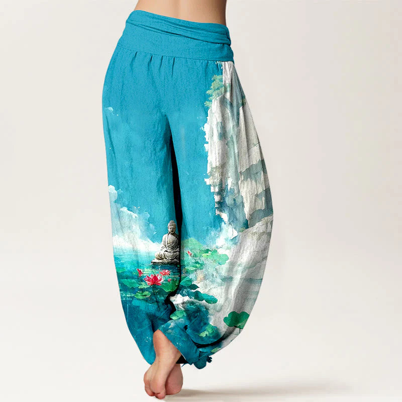 Buddha Stones Cotton Lotus Flower Leaf Rocks Water Surface Cloud Buddha Pattern Women's Elastic Waist Harem Pants