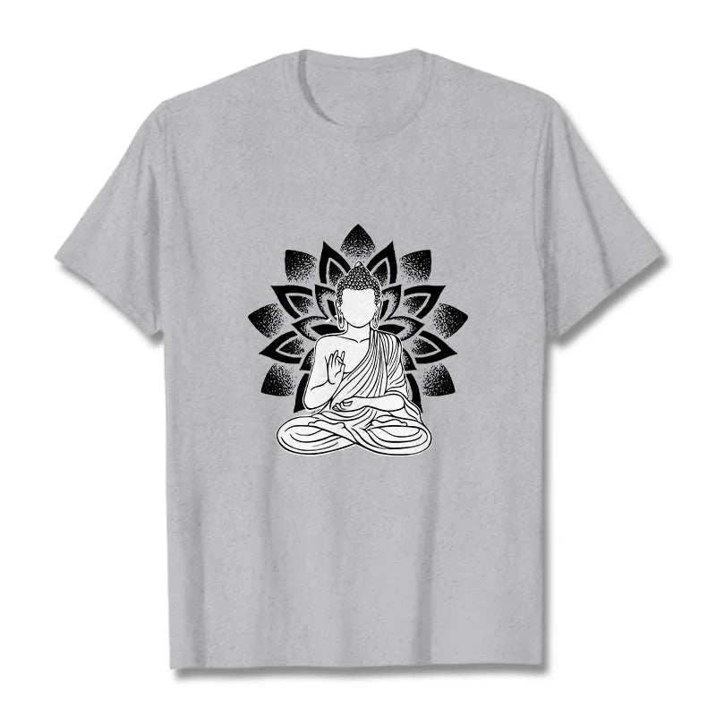 Buddha Stones Seated Buddha Lotus Flower Pattern Tee T-shirt