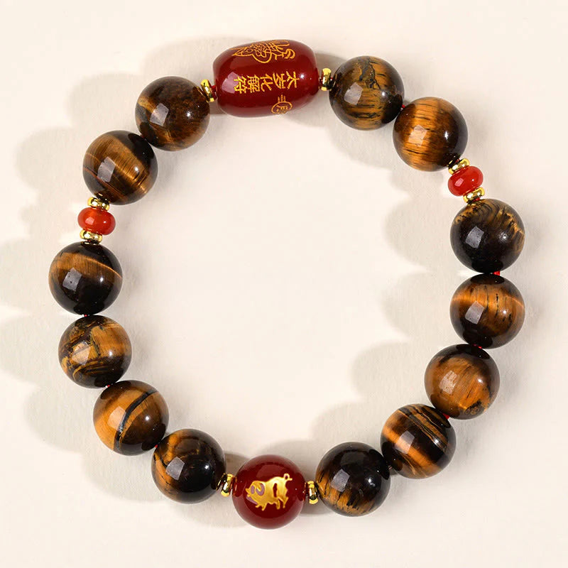 Buddha Stones 12 Chinese Zodiac Natural Tiger Eye Red Agate Protection Bracelet