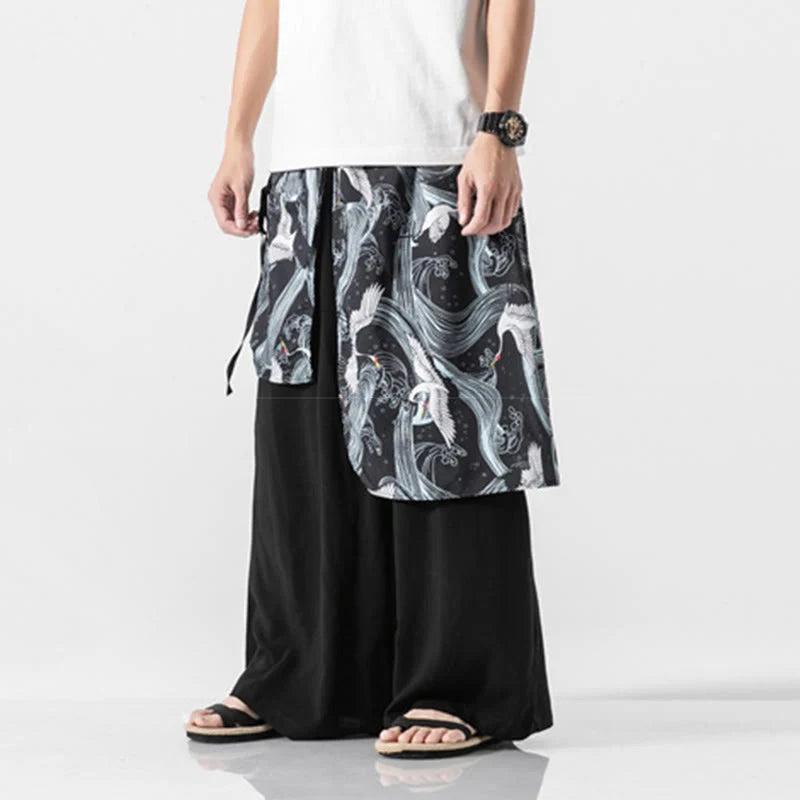 Buddha Stones Summer Flying Crane Design Cotton Men's Wide Leg Pants With Pockets