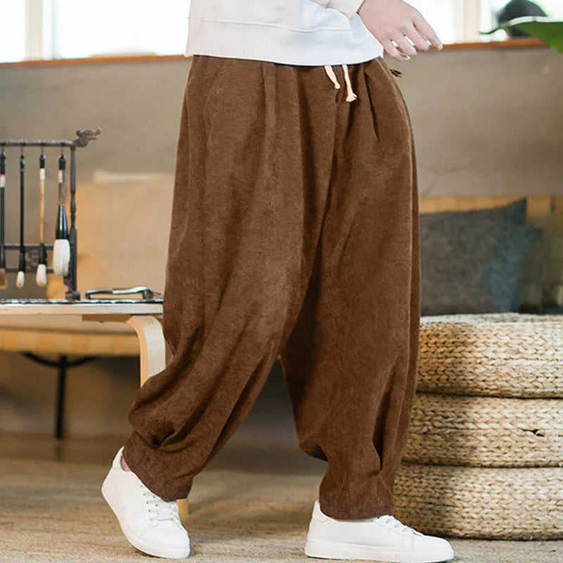 Buddha Stones Retro Men's Plain Fleece-Lined Corduroy Simple Design Harem Pants With Pockets