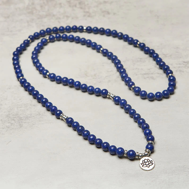 Buddha Stones 108 Beads Lazurite Lotus Symbol Charm Positive Mala