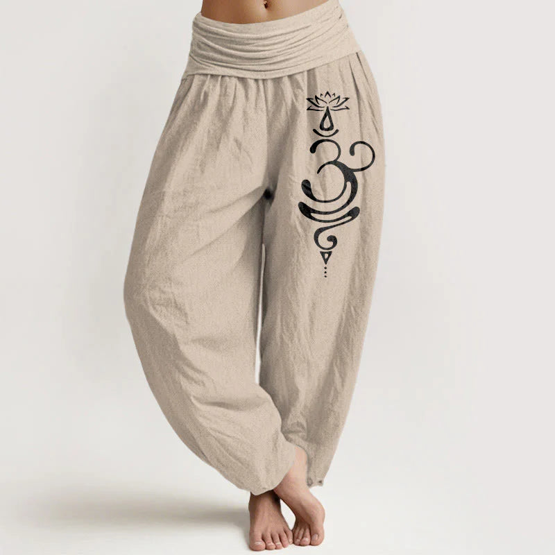 Buddha Stones Lotus Flower Unalome Symbol Pattern Pure Cotton Women's Elastic Waist Harem Pants