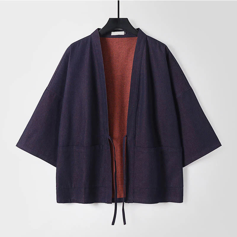 Buddha Stones Solid Lace-up Open Front Three Quarter Sleeve Jacket Men's Denim Cotton Kimono