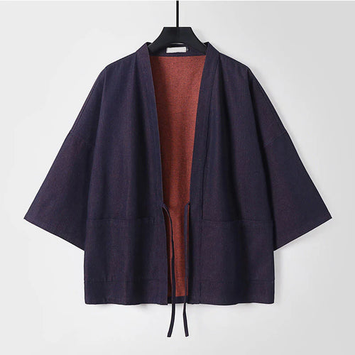 Buddha Stones Solid Lace-up Open Front Three Quarter Sleeve Jacket Men's Denim Cotton Kimono