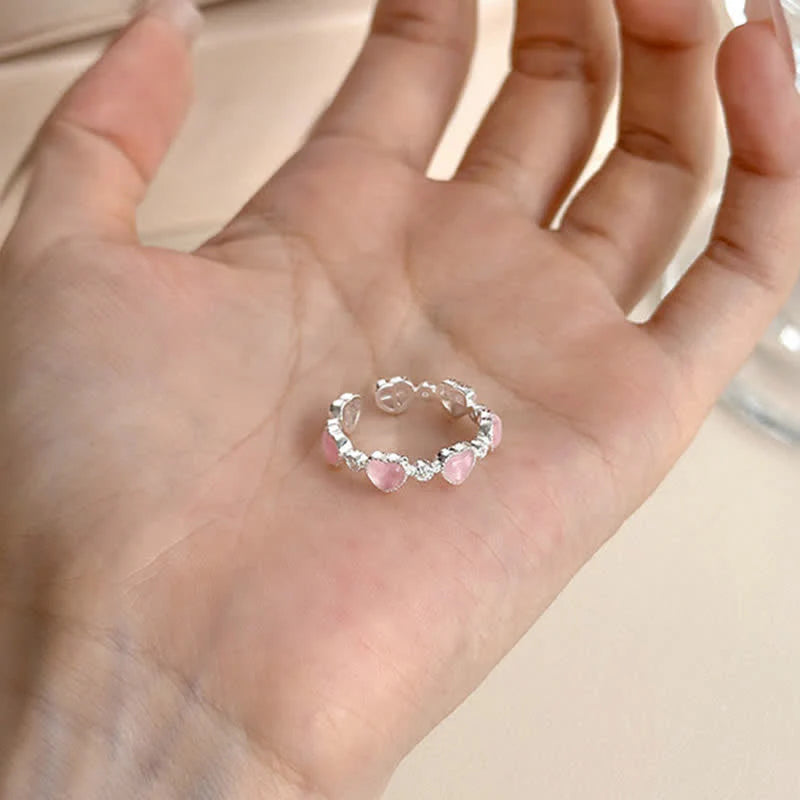 Buddha Stones 925 Sterling Silver Pink Cat's Eye Heart Design Adjustable Love Ring