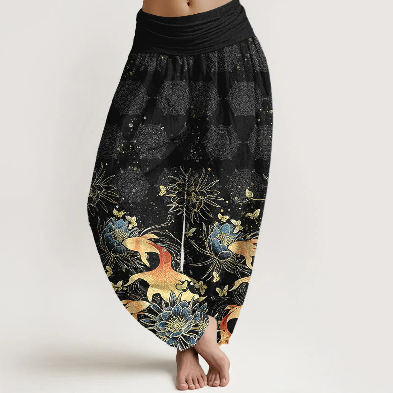 Buddha Stones Cotton Butterfly Koi Fish Lotus Pattern Women's Elastic Waist Harem Pants