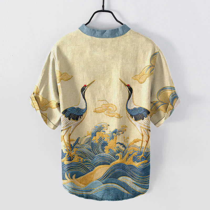 Buddha Stones Cotton Crane Wave Emblem Men's Short Sleeve Half Button Shirt