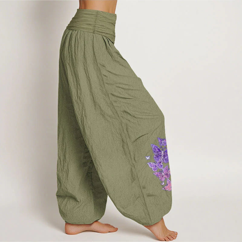 Buddha Stones Pure Cotton Pastel Butterfly Pattern Women's Elastic Waist Harem Pants
