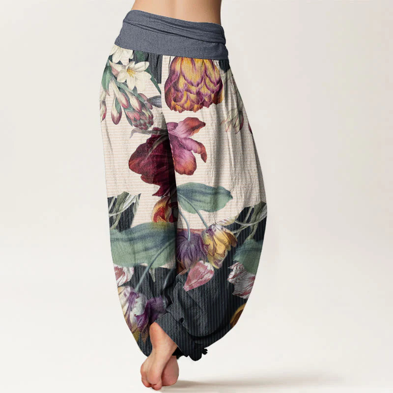 Buddha Stones Cotton Tulips Green Leaves Design Women's Elastic Waist Harem Pants