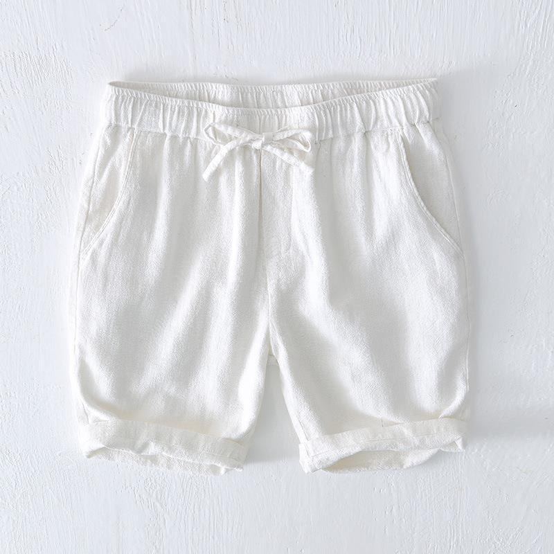 Buddha Stones Summer Solid Color Drawstring Elastic Waist Men's Cotton Linen Shorts With Pockets