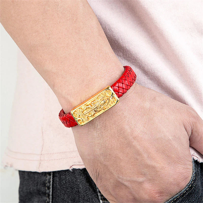 Buddha Stones Buddha Symbol Titanium Steel Leather Strengthen Bracelet