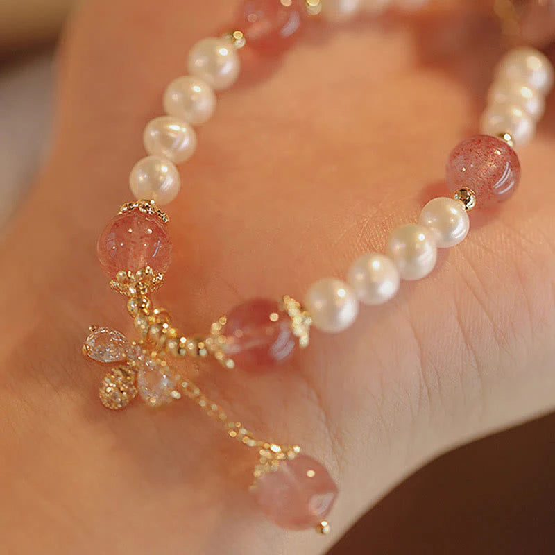 Buddha Stones Natural Pearl Strawberry Quartz Healing Cute Honey Bee Charm Bracelet