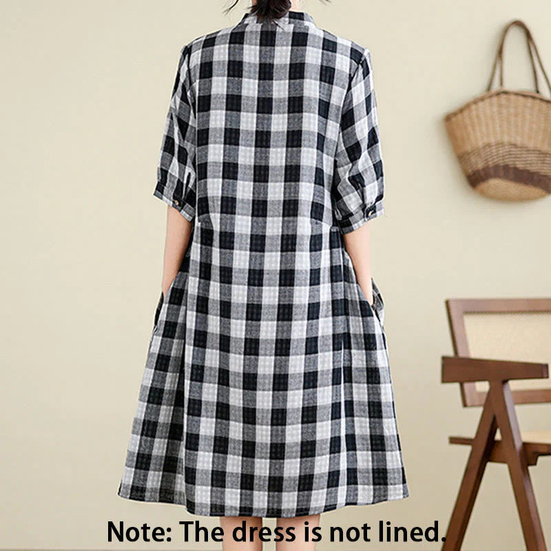 Buddha Stones Plaid Pattern Half Sleeve Cotton Linen Midi Dress With Pockets