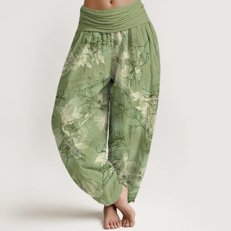 Buddha Stones Cotton Fresh Flower Bud Pattern Women's Elastic Waist Harem Pants