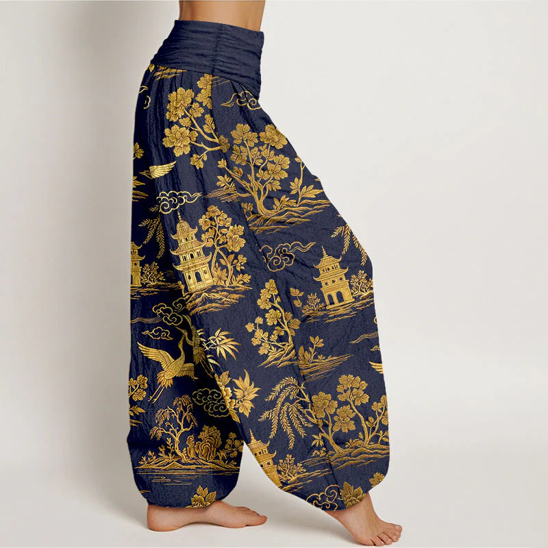 Buddha Stones Cotton Gorgeous Tree Crane Architecture Cloud Peony Pattern Women's Elastic Waist Harem Pants