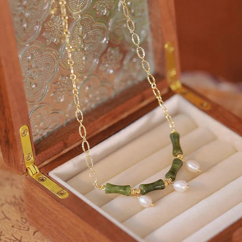 Buddha Stones Tianshan Jade Bamboo Pearl Abundance Wealth Necklace Pendant