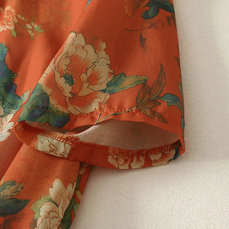 Buddha Stones Stand Collar Frog-Button Floral Print Pattern Short Sleeve Mini Dress